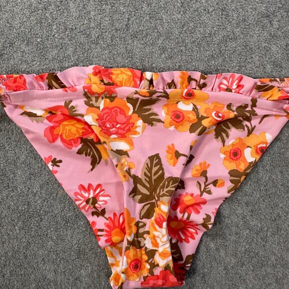 Aerie Floral Ruffle Beaded Tie Bikini Cheeky Bottoms Size Small Pink Orange New - Picture 3 of 10
